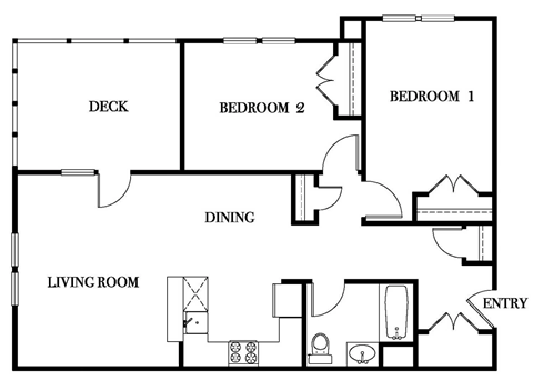Floor plan for 2 beds, 1 bath, 1078 sqft